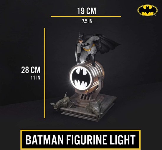Afmetingen van de Batman-figuurlamp: 28 cm hoog, 19 cm breed.