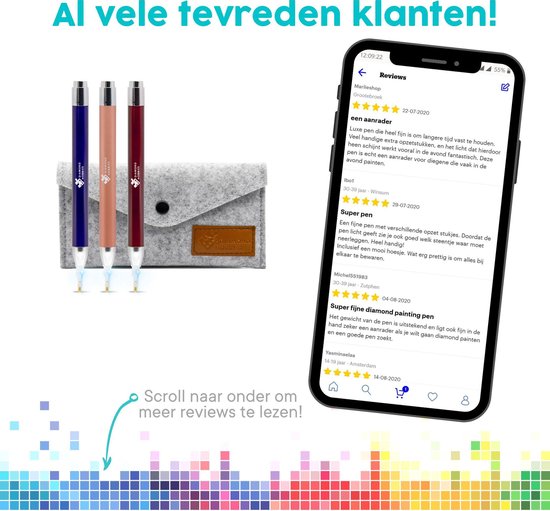 Page d'avis sur un smartphone avec des critiques positives pour les stylos de peinture diamant.