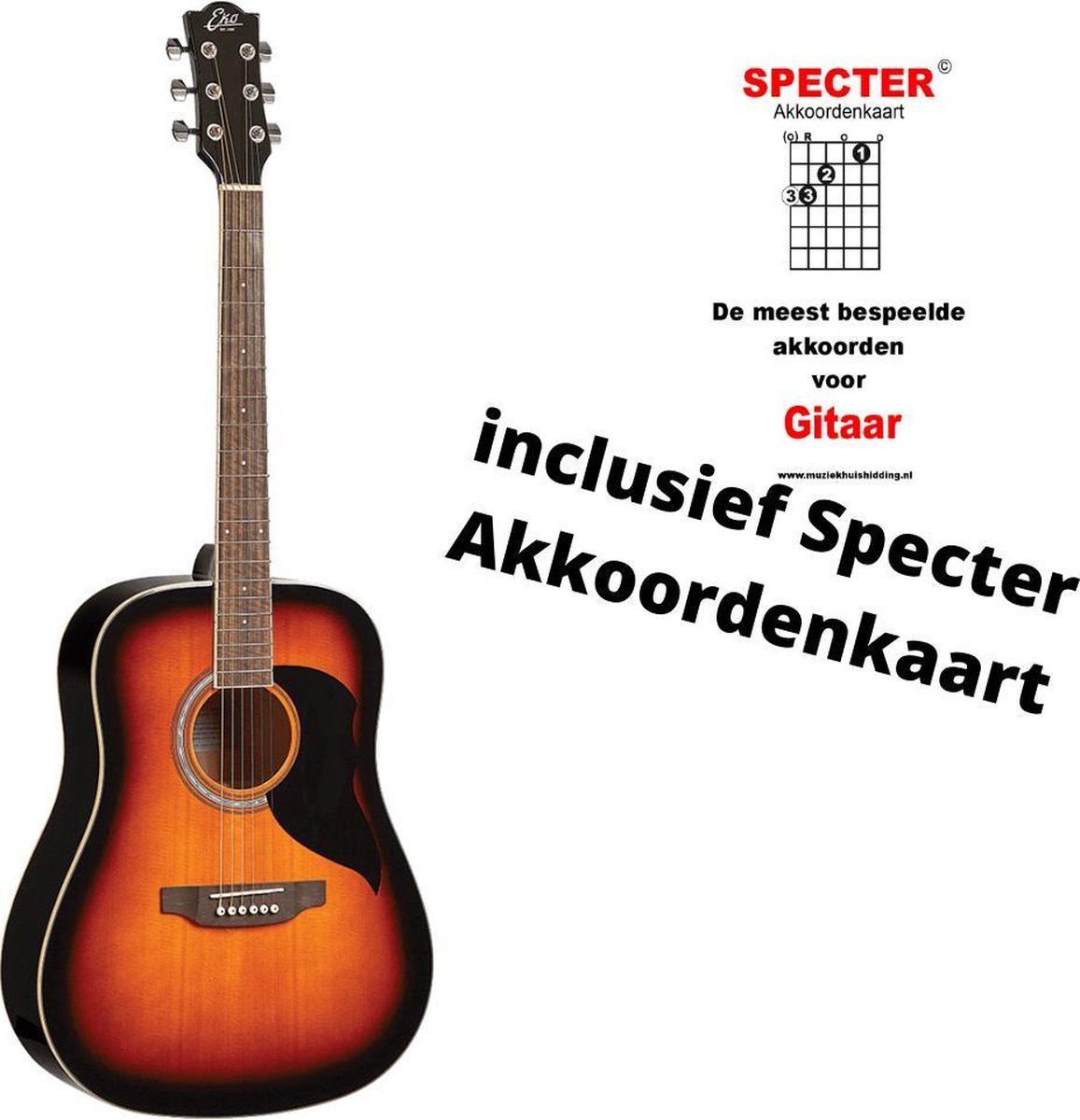 Eko Akoestische Gitaar 4/4 Met Specter Akkoordenkaart | Ook ideaal voor een Kind
