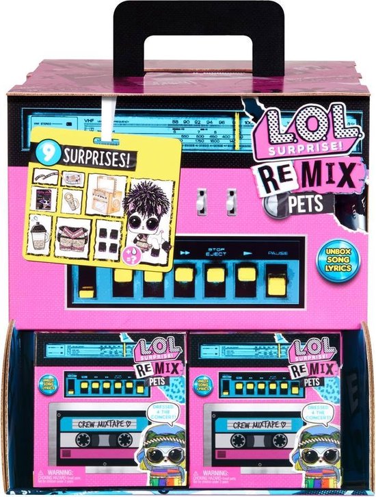 L.O.L. Surprise! Remix Pets verpakking met opdruk van een boombox, cassettebandjes en 9 verrassingen.
