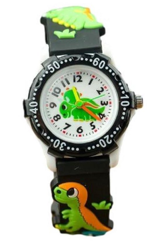 Dinosaurus horloge - 3D - kinderen - zwart/groen - analoog - 28 mm - I-deLuxe verpakking