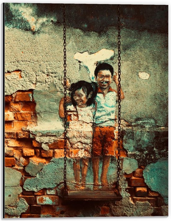 Dibond - Schommel met Getekende Kinderen op de Muur - 30x40cm Foto op Aluminium (Wanddecoratie van metaal)