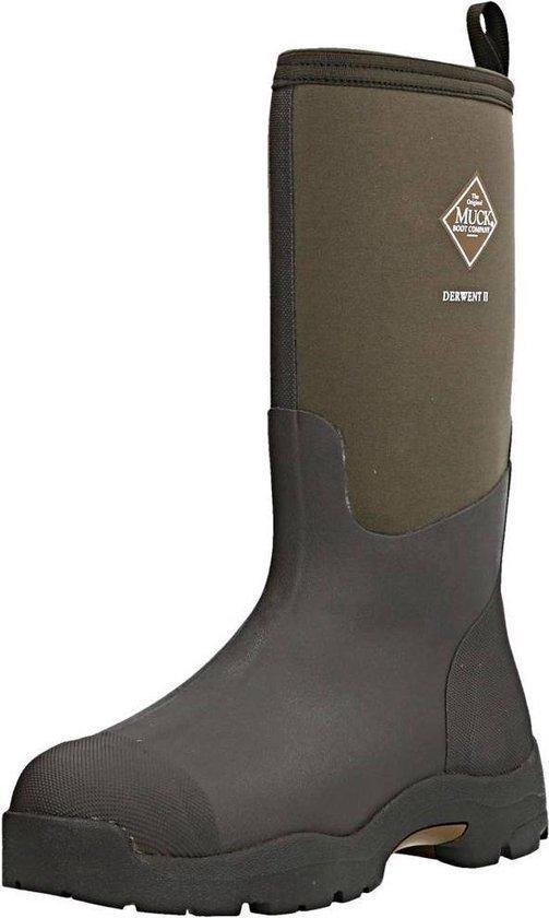 Donkerbruine laars met groenbruine schacht, logo 'Muck Boot Company Derwent II'.