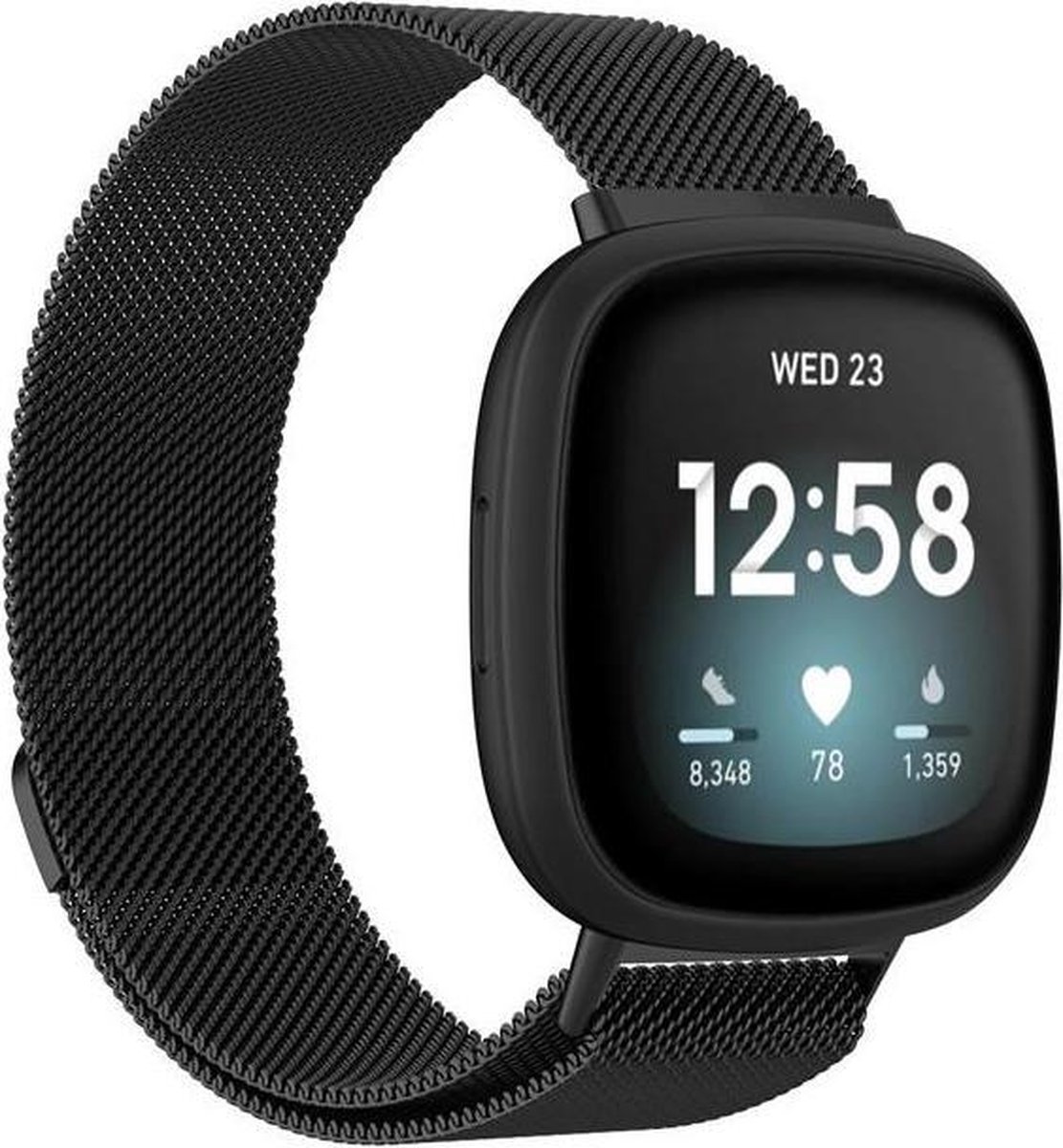 KELERINO. Milanees Bandje geschikt voor Fitbit Versa 3 / Sense – RVS – Zwart
