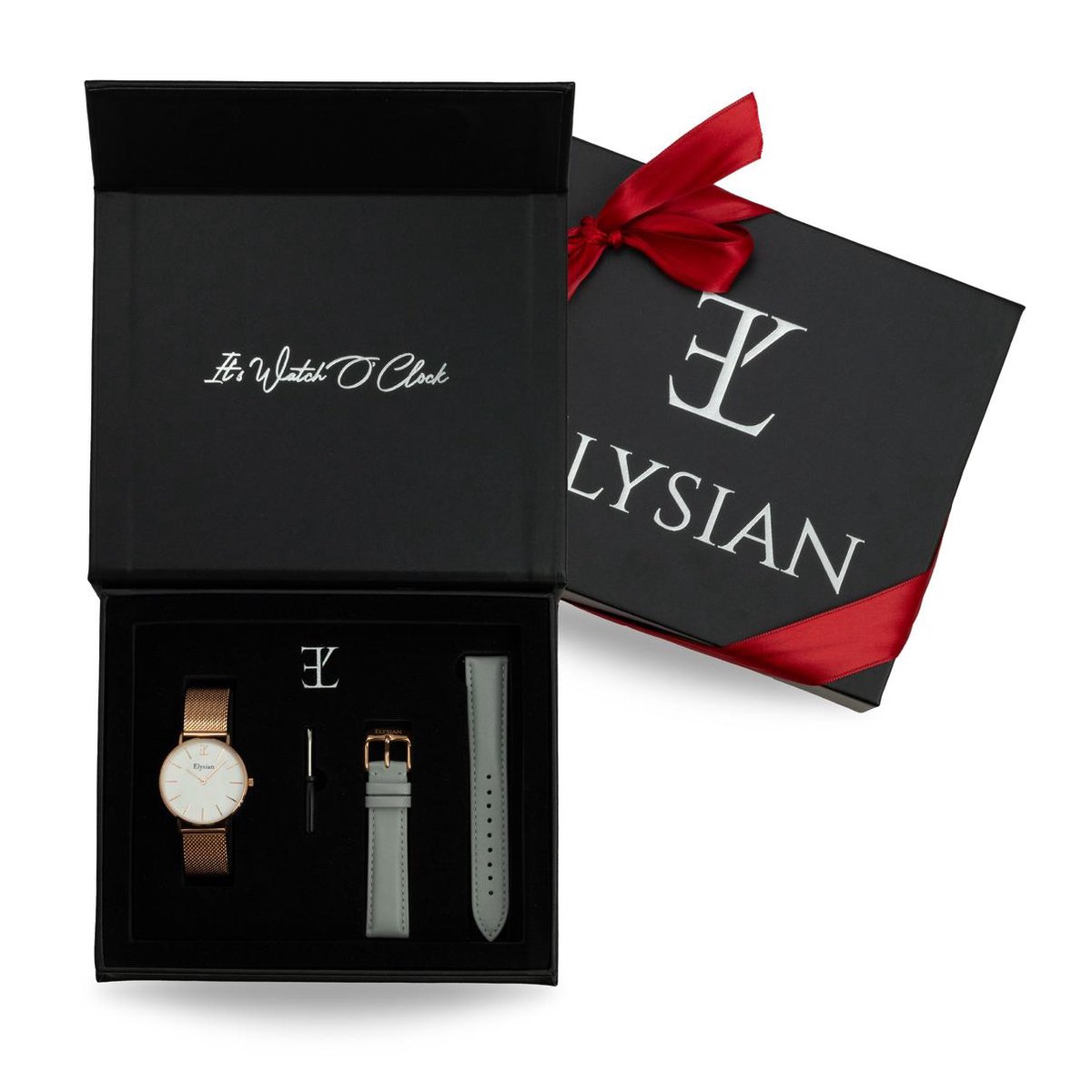 Elysian - Horloge Geschenkset Vrouwen - Rosé Gouden mesh horloge geschenkdoos met leren horlogebandje - Roestvrij Staal - Cadeau Voor Vrouw