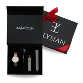 Elysian - Horloge Geschenkset Vrouwen - Rose goud mesh horloge geschenkdoos met grijs leren horlogebandje - Roestvrij Staal - Valentijn cadeau dames