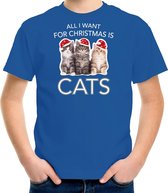 Kitten Kerstshirt / Kerst t-shirt All i want for Christmas is cats blauw voor kinderen - Kerstkleding / Christmas outfit S (110-116)