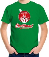 Rendier Kerstbal shirt / Kerst t-shirt Merry Christmas groen voor kinderen - Kerstkleding / Christmas outfit XL (164-176)