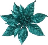 Kerstroos op Clip Glitter/Turkoise - ø15cm - Kunststof