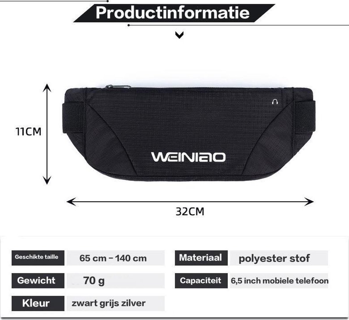 Heuptas Loopriem – Telefoonhouder Voor Tot 7,0 Inch – 3 Zakken, Waterdicht, Reflecterend – Past Taille 56-132 Cm (Zwart, One Size)