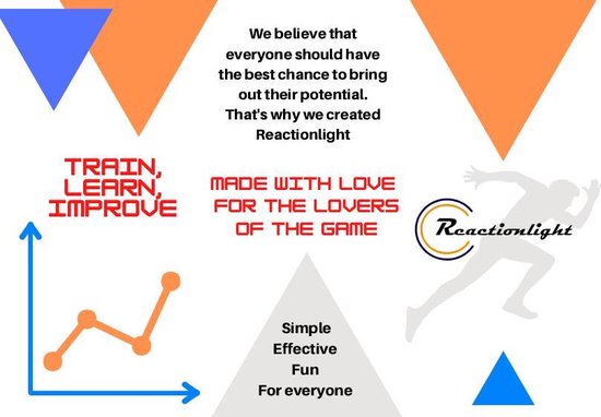 Grijze achtergrond met tekst 'Train, Learn, Improve', grafiek, en silhouet van een hardloper met Reactionlight logo.