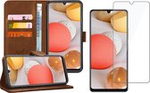 Hoesje geschikt voor Samsung A42 en Screenprotector - Book Case Leer Wallet Bruin + Screen Protector Glas