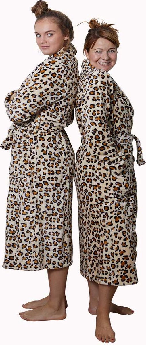 Badjas panter - dames badjas leopard - fleece badjas dames - tijger badjas beige tinten - Badrock - L/XL - Badrock