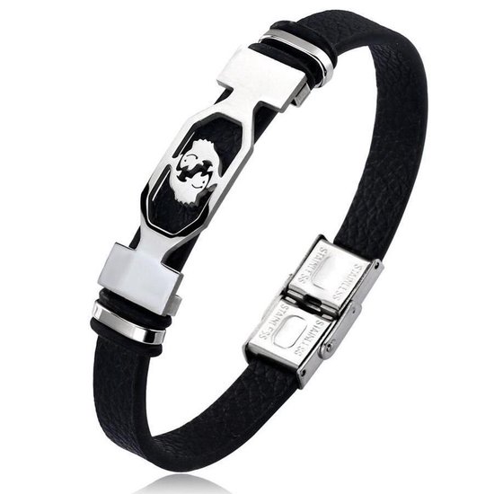 Vissen / Pisces - Leren Armband met Stalen Sterrenbeeld - Astrologie - Zwart - Armbanden Heren Dames - Cadeau voor Man - Mannen Cadeautjes