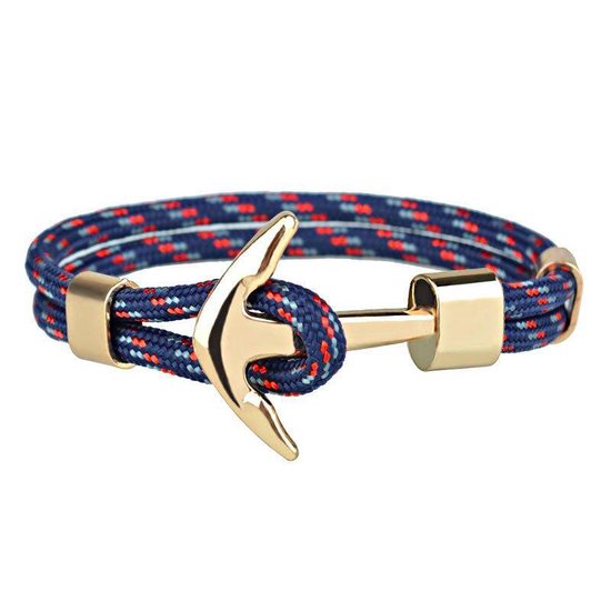 Anker Armband - Blauw / Rood met Goud Kleurig Anker - Armband Mannen - Armband Dames - Armband Heren - Cadeau voor Man