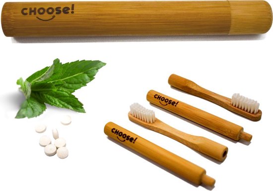 CHOOSE Bamboe Tandenborstel Set (2x) + Tandenborstel Houder + Gratis Tandpasta Tabletten | Milieuvriendelijk | Vervangbare Borstel | Medium Borstel