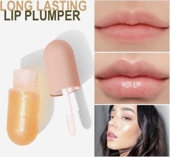 Huidkleurig flesje met lip plumper en applicator. Toont volle lippen en een model met glanzende huid.