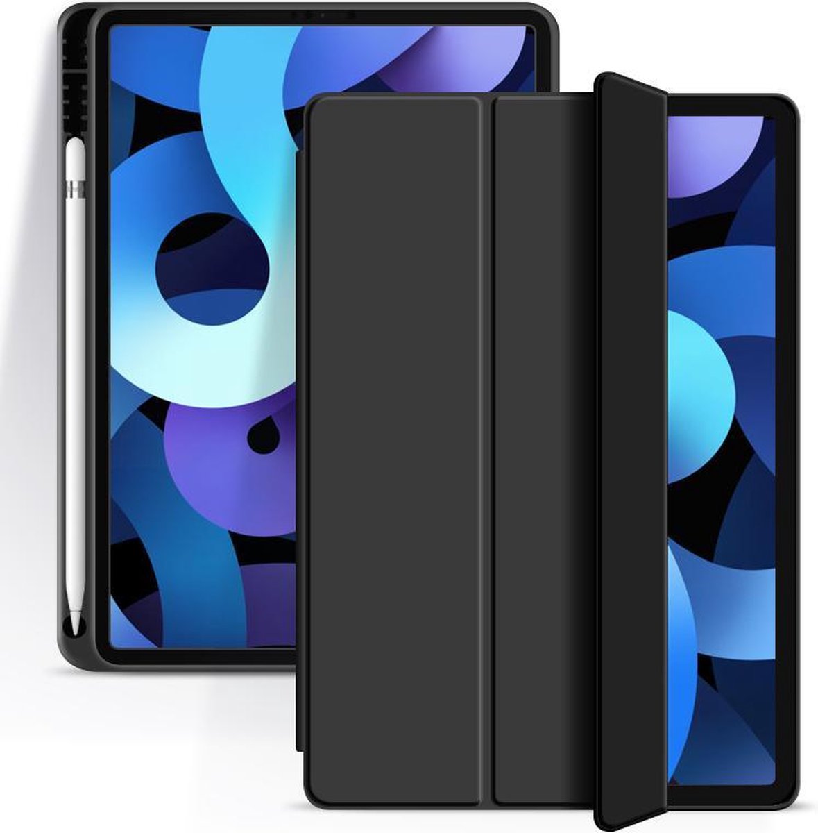 Hoes geschikt voor Apple iPad Air 2020/2022 - Smart Tri-Fold Book Case met Penhouder – Zwart papierachtig - Apple Pencil Case - Apple - iPad Air 4 - Ipad Hoesje - Ipad Case - Ipad Hoes - Autowake - Magnetic - Tri-fold - Tablethoes - smartcase
