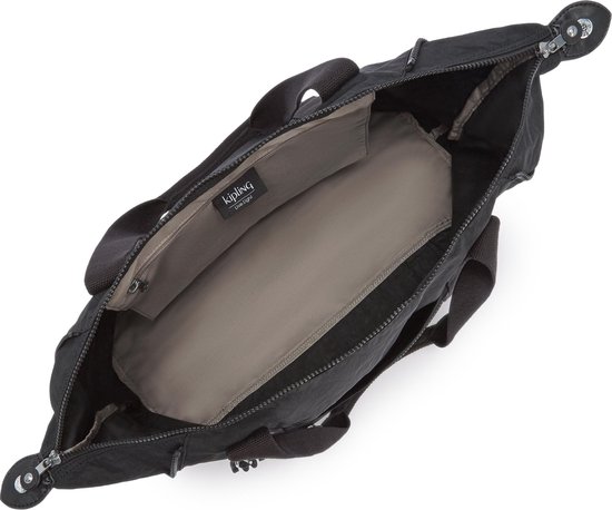 Sac Kipling ART M noir ouvert montrant l'intérieur gris avec des compartiments.