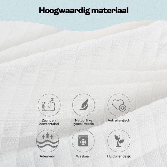 Close-up van wit, geweven kussenstof. Iconen: zacht, natuurlijk, anti-allergisch, ademend, wasbaar, huidvriendelijk.