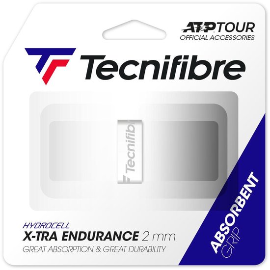 Wit Tecnifibre Hydrocell X-TRA ENDURANCE 2mm grip met "ABSORBENT GRIP" tekst.