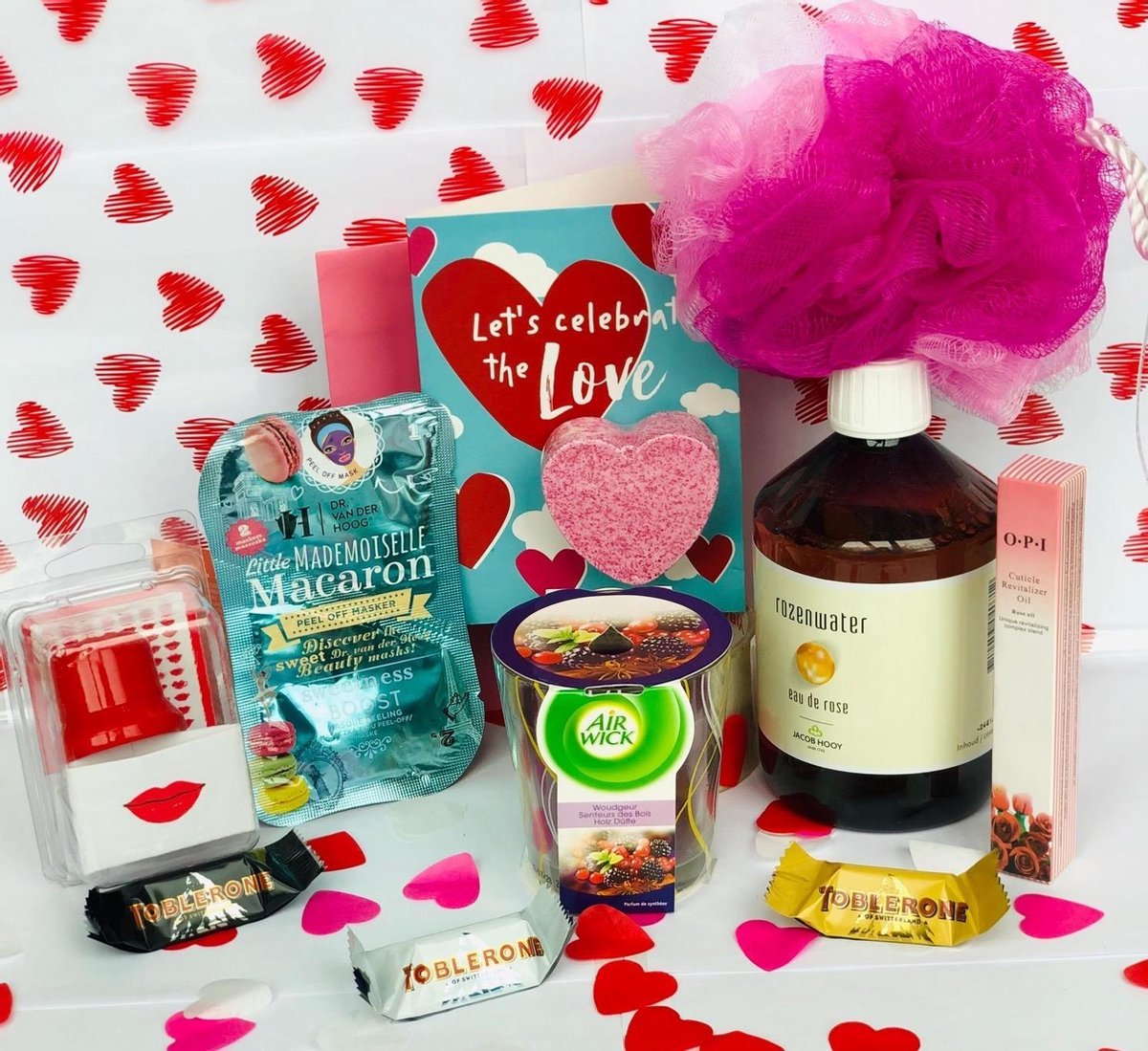 Beautybox Cadeau voor haar Anniversary Gift Kado - Dames Pakket Cadeautje Vrouw - Rozenwater - Badspons - Macaron Masker - OPI spa nail pen - Geurkaars - Kaart met Bruisbal