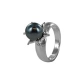Silventi 9SIL-20717 Zilveren Ring met Parel - Dames - Bloem - Parel - Grijs - 10 mm Doorsnee - Maat 60 - Zilver
