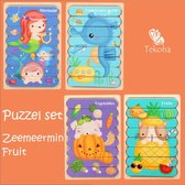 Dieren Puzzel Tweezijdig Set 2 Educatief speelgoed Houten Montessori  Zeemeermin - Zeepaardje - Groenten - Fruit