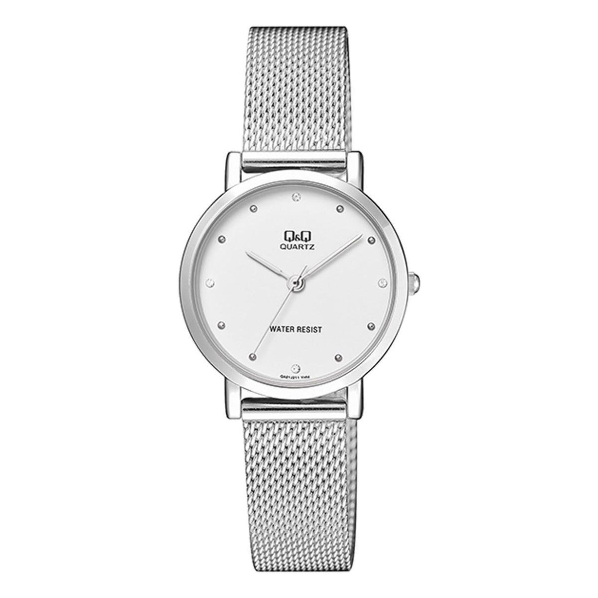 Prachtige QQ horloge voor vrouwen ,zilverkleirige band met met witte wijzerplaat QA21J211Y