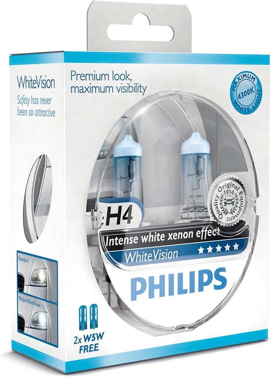 Philips White Vision H4 55W/12V - - Halogeen Lampen - 2 stuks | bol.com