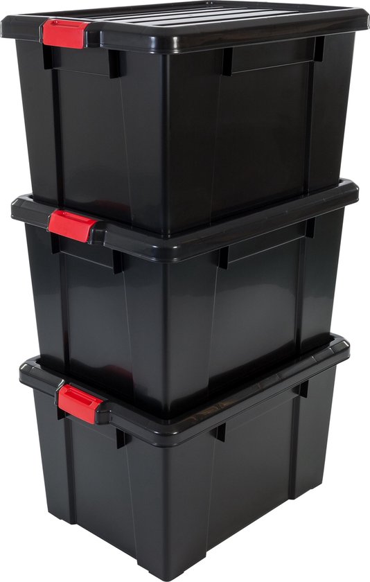 IRIS Powerbox Kunststof Opbergbox - 68L - 3 stuks - Zwart/Rood