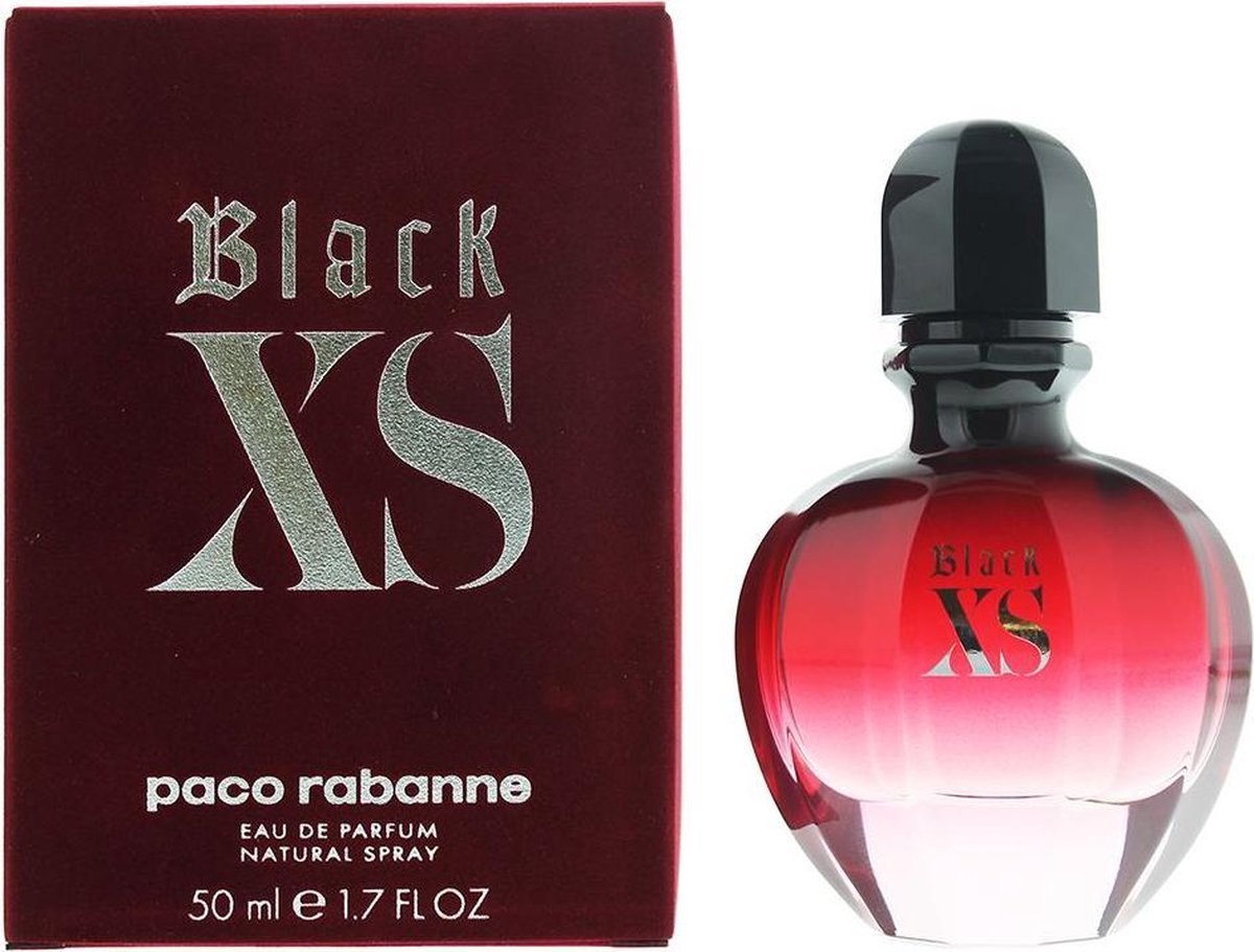 Paco Rabanne Black XS Eau de Parfum. Ronde fles, rood met zwarte dop.