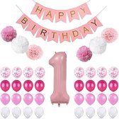 Verjaardag Versiering Meisje 1 Jaar - Ballonnen - Slingers - Feestpakket XXL - 40-delig