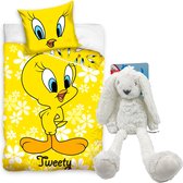 Looney Tunes-Dekbedovertrek Tweety- Ledikant 100x135cm - katoen, incl. grote knuffel konijn 37 cm wit