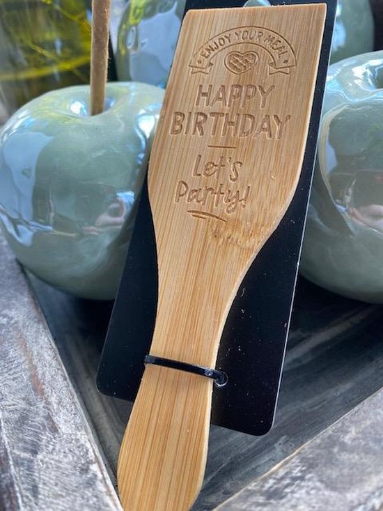 Foto: Gourmetspatel gourmet tekst op hout happy birthday let s party 13 cm