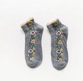 Dames Sokken - 1 Paar - Grijs - Vintage - Maat 36-41 - Fleurige Bloemen -  Comfortabel & Duurzaam
