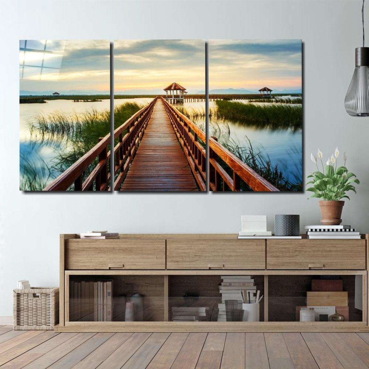 Insigne Art Insigne Glazen Schilderijen – Houten Pier – 3-Delig Mega Glasschilderij - 3x72x46 cm - 4 mm Meerkleurig