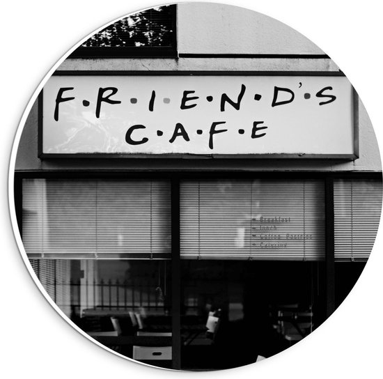 Forex Wandcirkel - ''Friends Cafe'' (zwart/wit) - 20x20cm Foto op Wandcirkel (met ophangsysteem)