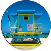 Dibond Wandcirkel - Blauw Strandhuisje op Miami Beach - 30x30cm Foto op Aluminium Wandcirkel (met ophangsysteem)