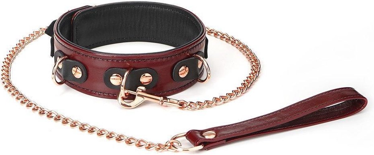 Liebe Seele - Wine Red - Leren Collar met Rosé Gouden Leiband - Exclusief En Luxe Ontwerp - wijnrood