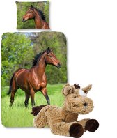 Good Morning Dekbedovertrek bruin Paard-140 x 220 cm, Paarden dekbed-katoen, met zachte paarden-knuffel 32 cm lichtbruin