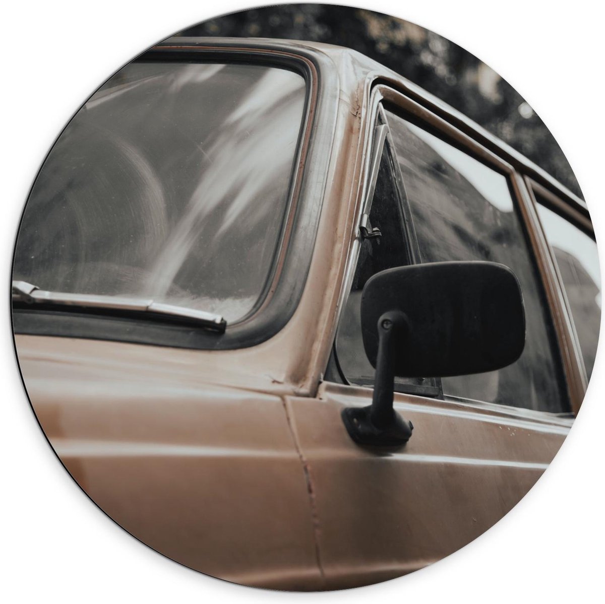 Dibond Wandcirkel - Bruine Autospiegel - 70x70cm Foto op Aluminium Wandcirkel (met ophangs