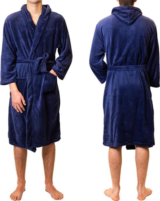 van mening zijn Betekenisvol voordelig Badjas Teddy Microfleece – Donkerblauw – badjas heren – maat S/M – met  capuchon - Cadeau | bol.com