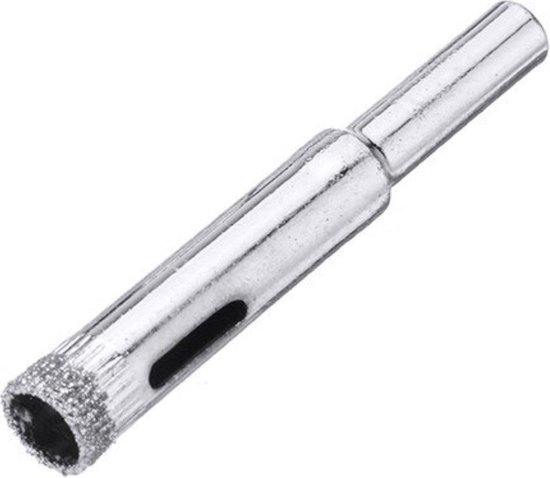 Een diamantboortje voor tegels en glas, met een diameter van 5 mm. Het boortje is zilverkleurig en heeft een diamantgecoate rand.