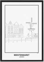 SKAVIK Beestenmarkt - Leiden - Poster met houten lijst (zwart) 50 x 70 cm