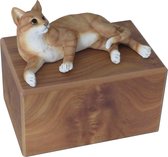 houten urn met liggende rood witte kat - kattenurn