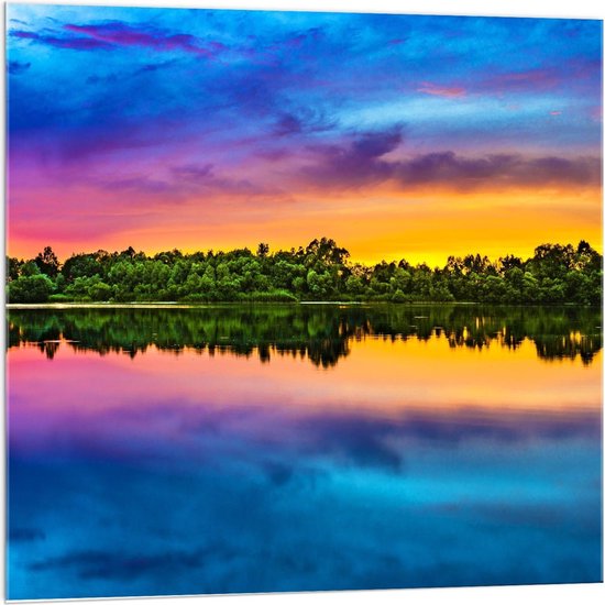 Acrylglas - Felkleurige Zonsondergang bij een Meer - 100x100cm Foto op Acrylglas (Wanddecoratie op Acrylglas)