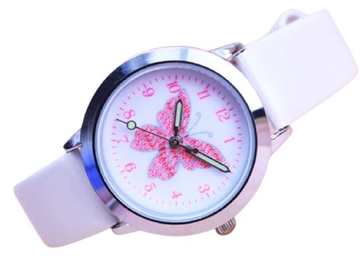 Meisjes horloge met vlinder afbeelding en wit leer bandje.
