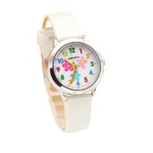 Meisjes horloge wit met bloem afbeelding en leer bandje.