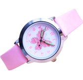 Meisjes horloge met vlinder afbeelding en roze leer bandje.